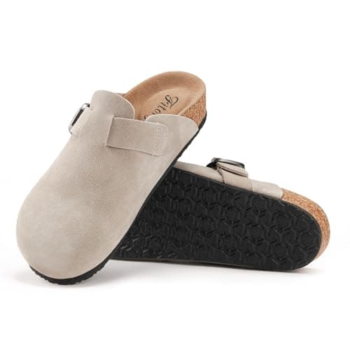 FITORY Women's Leather Slip-On Clogs with Suede Cork Footbed Size 6-11
