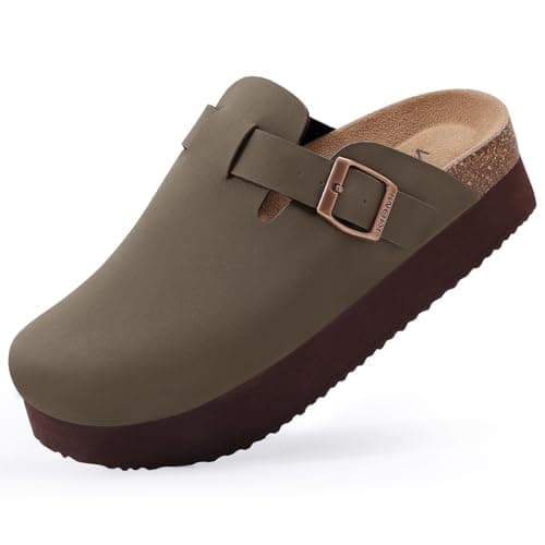 KIDMI Women's Leather Platform Mules with Cork Footbed Potato Shoes