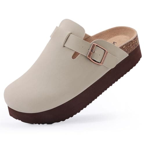 KIDMI Women's Leather Platform Mules with Cork Footbed Potato Shoes