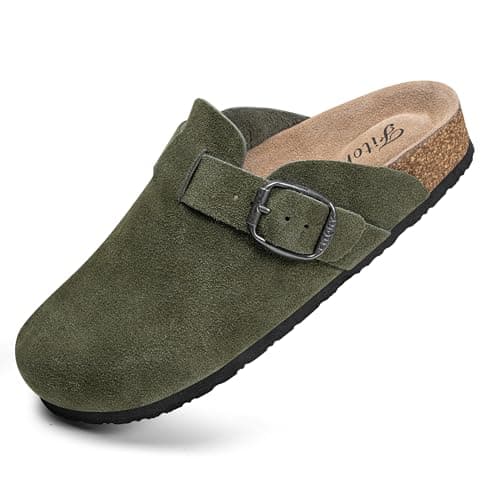 FITORY Women's Leather Slip-On Clogs with Suede Cork Footbed Size 6-11