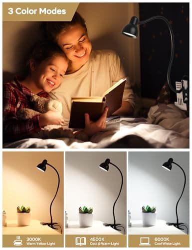 3 Color Modes Dimmable Reading Light for Bed with Gooseneck Clamp Desk Lamp