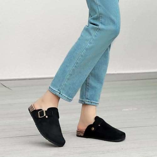 Women's Comfortable Suede Clogs with Antislip Cork Footbed and Adjustable Buckle