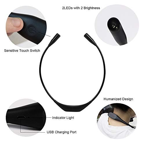 4 LED Black Neck Book Light, 2 Brightness Settings, USB Rechargeable for Reading in Bed