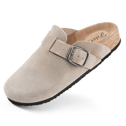 FITORY Women's Leather Slip-On Clogs with Suede Cork Footbed Size 6-11