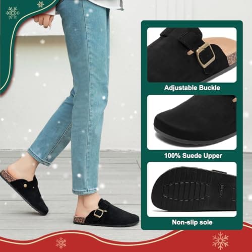 Women's Comfortable Suede Clogs with Antislip Cork Footbed and Adjustable Buckle