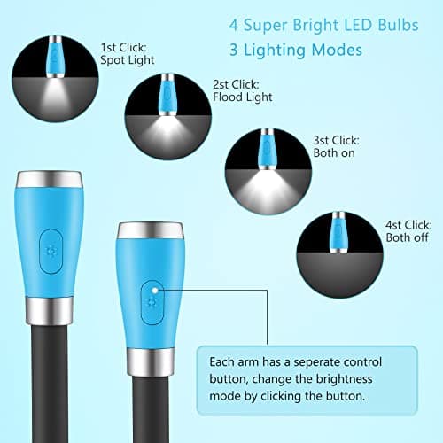 USB Rechargeable Bedside Reading Lamp, 4 LED, 4 Brightness Levels, Hands-Free for Night Jogging (Blue)