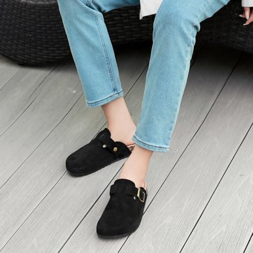 Women's Comfortable Suede Clogs with Antislip Cork Footbed and Adjustable Buckle