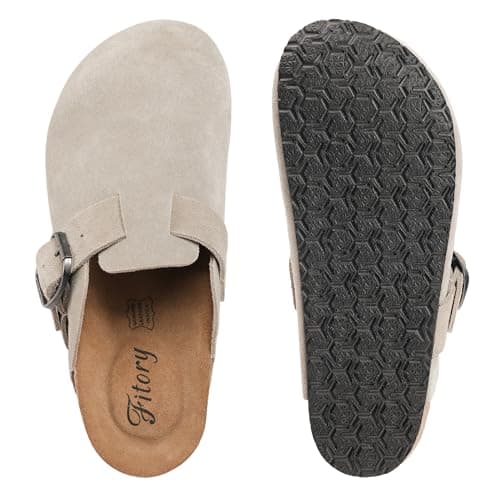 FITORY Women's Leather Slip-On Clogs with Suede Cork Footbed Size 6-11