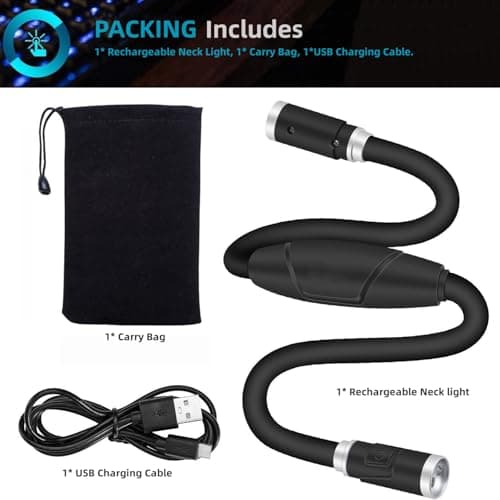 Black Rechargeable LED Neck Book Light with 3 Modes for Reading, Knitting, Camping