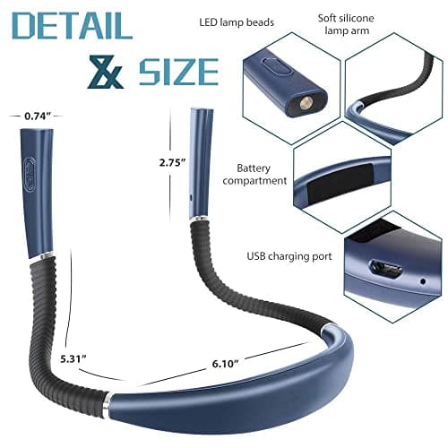 Blue Hands-Free Rechargeable LED Neck Reading Light, 3 Colors, Stepless Dimming, Flexible Arms