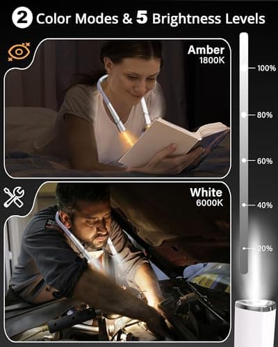 Vekkia Retractable Neck Reading Light for Bed, 2 Color 5 Brightness, Rechargeable