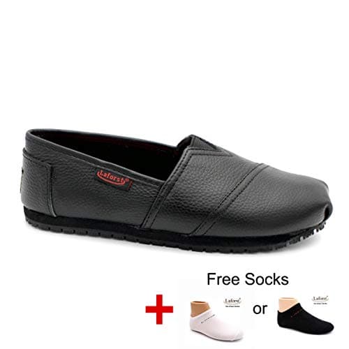 Laforst Froggee Women's Leather Nonslip Slip-On Flat for Servers & Nurses+Free Socks