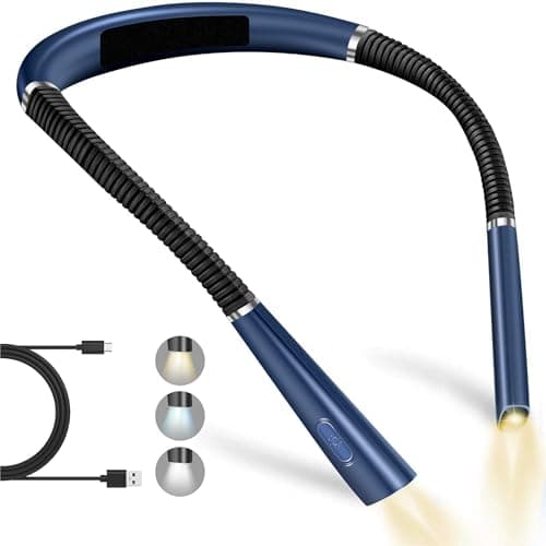Blue Hands-Free Rechargeable LED Neck Reading Light, 3 Colors, Stepless Dimming, Flexible Arms