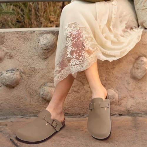 KIDMI Women's Leather Mules with Arch Support and Cork Footbed