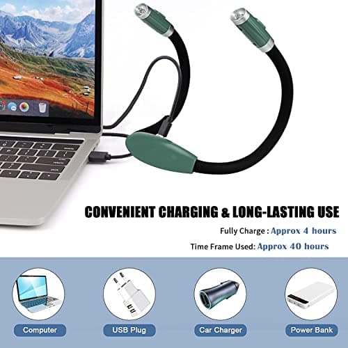 Army Green Rechargeable 4 LED Neck Reading Light with 3 Brightness Levels