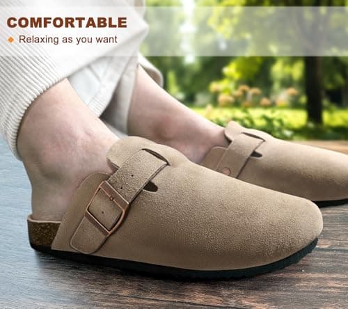 BULLIANT Women's Cushioned Suede Clogs with Crease-Resistant Leather Upper