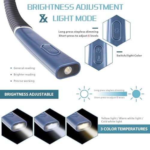 Blue Hands-Free Rechargeable LED Neck Reading Light, 3 Colors, Stepless Dimming, Flexible Arms