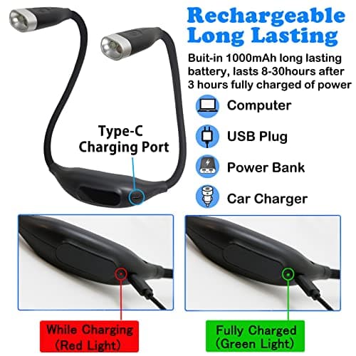 LED Reading Light, 3 Brightness Levels, USB-C Rechargeable, Bedtime Reading, Knitting, Crocheting, Camping