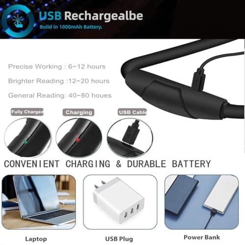Black Rechargeable LED Neck Book Light with 3 Modes for Reading, Knitting, Camping