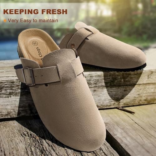 BULLIANT Women's Cushioned Suede Clogs with Crease-Resistant Leather Upper
