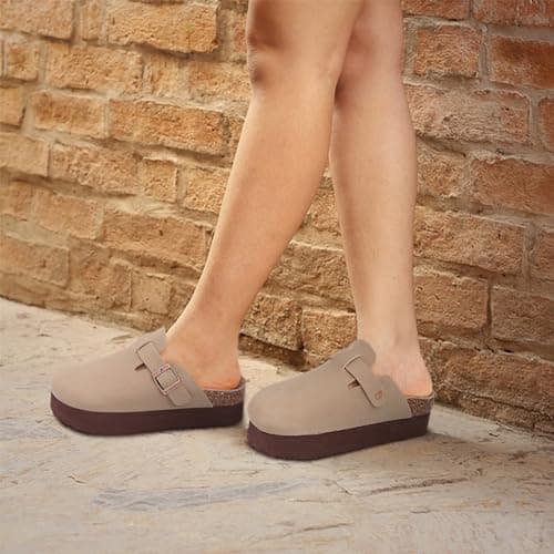KIDMI Women's Leather Platform Mules with Cork Footbed Potato Shoes
