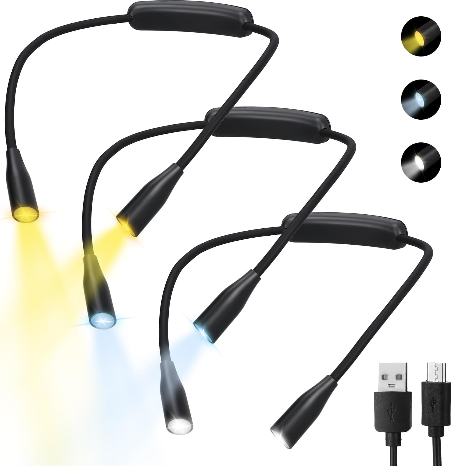 3 Pcs LED Reading Lights, 3 Colors 9 Brightness, Flexible Arm Neck Light for Bed, Knitting, Crochet, Camping