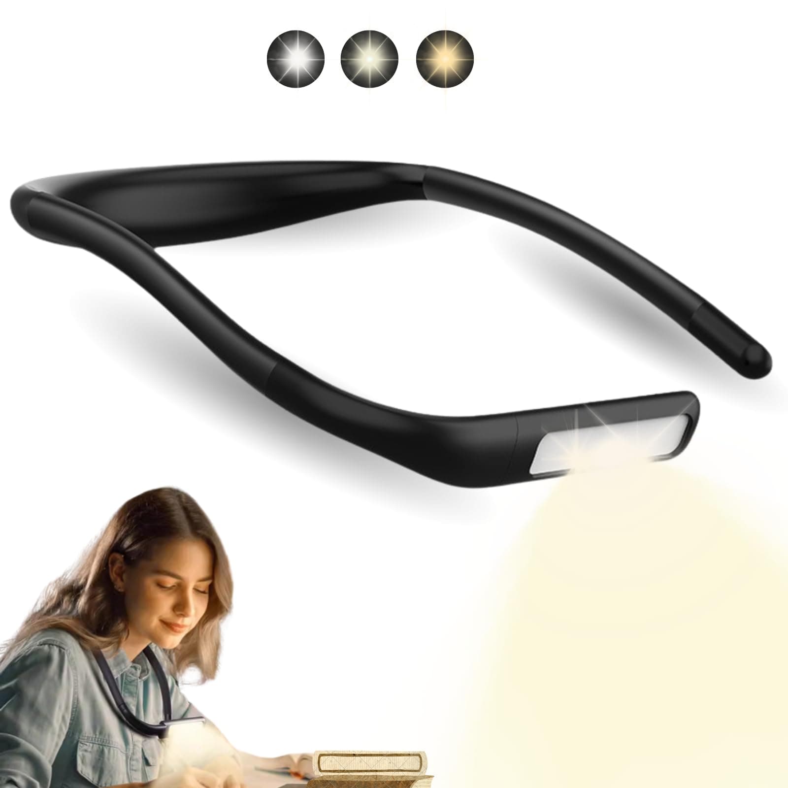 Black Neck Reading Light, Rechargeable LED, 270° Rotatable, Hands-Free, Adjustable Color & Brightness