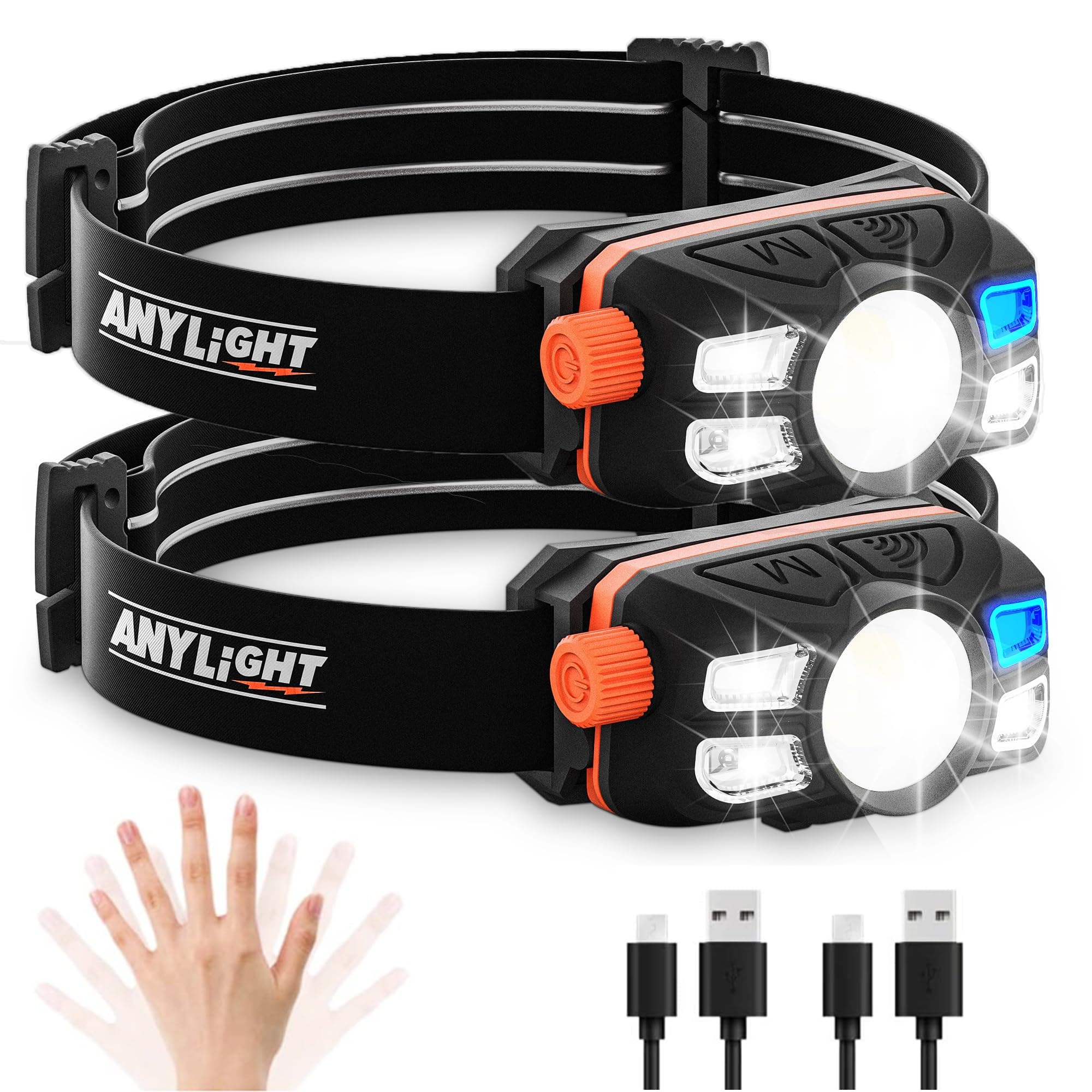Rechargeable IP65 Waterproof LED Headlamp with Motion Sensor (2 Packs)