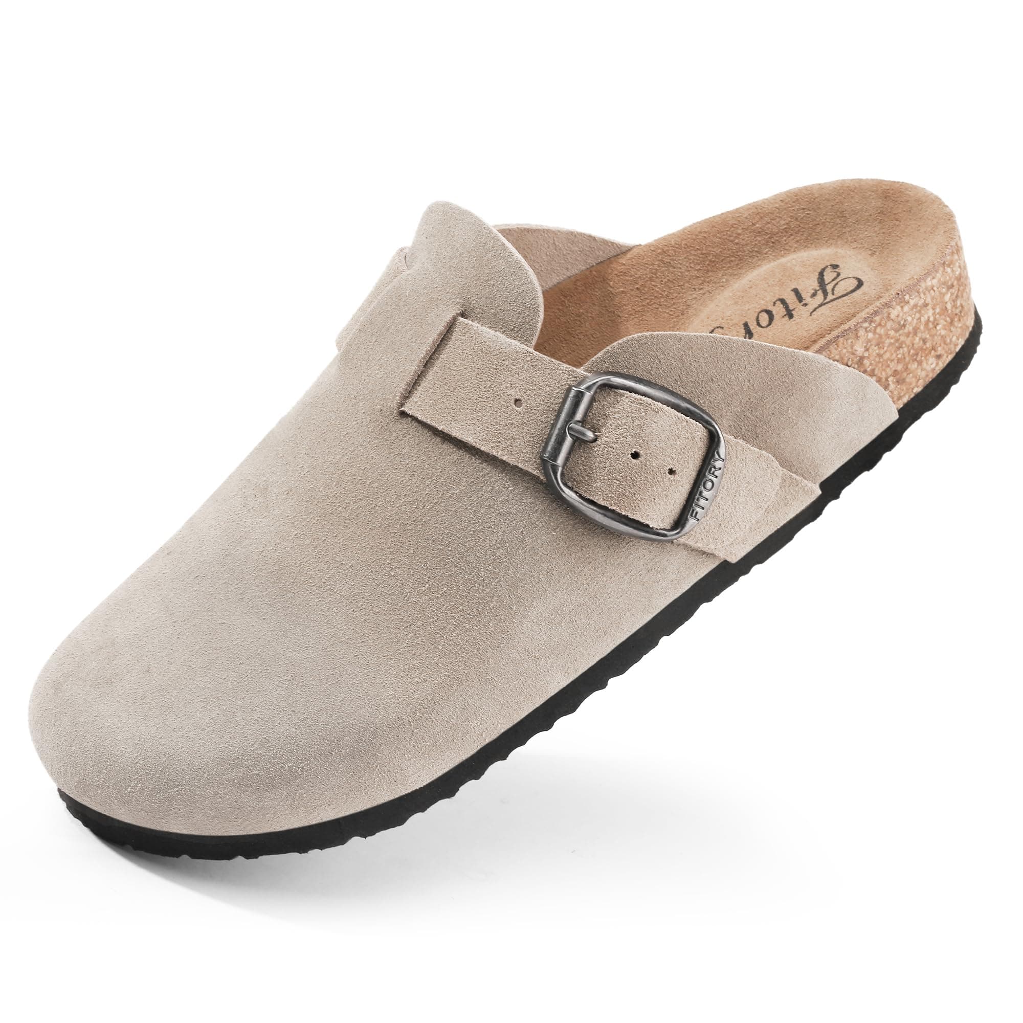 FITORY Women's Leather Slip-On Clogs with Suede Cork Footbed Size 6-11