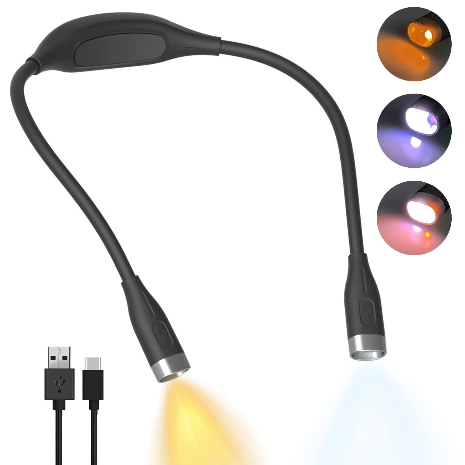LED Reading Light, 3 Brightness Levels, USB-C Rechargeable, Bedtime Reading, Knitting, Crocheting, Camping